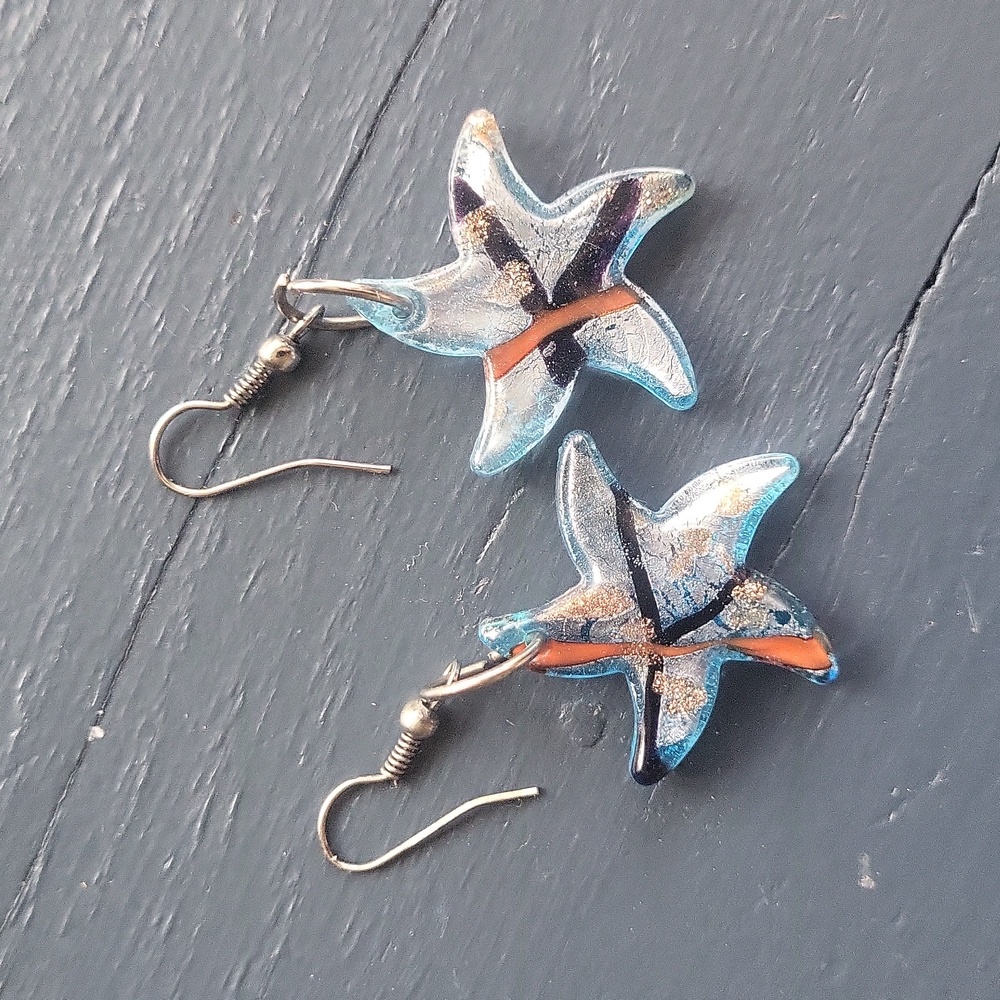 Blown Glass Starfish Dangle Earrings Handcrafted Handmade Blown Glass Ea…